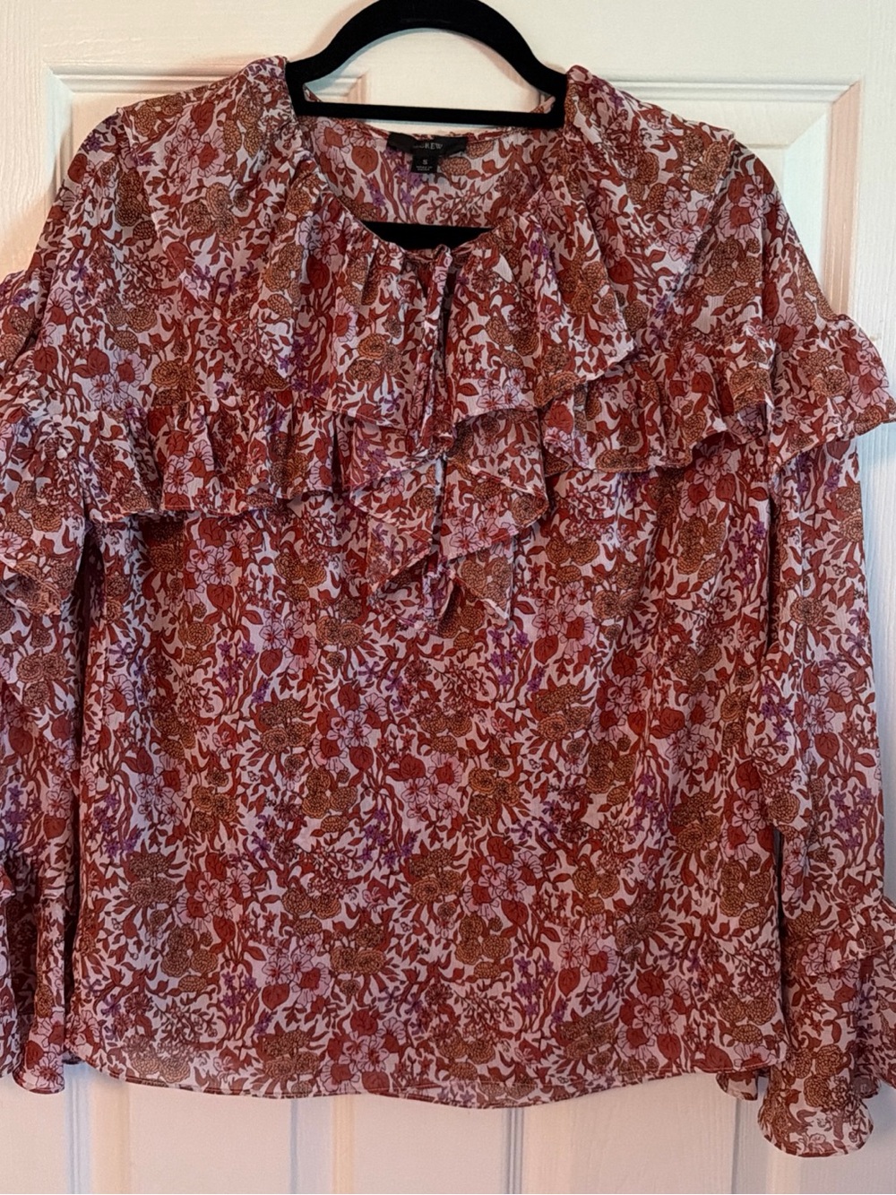 J CREW Women’s Multicolor Floral Crinkle Chiffon Ruffle Top Long Sleeve Size S